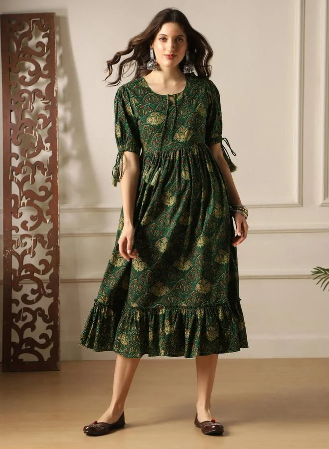 globus Puff Sleeves Ethnic Print A-Line Midi Dress