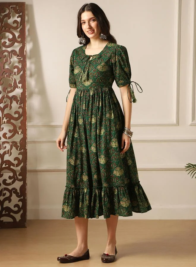 globus Puff Sleeves Ethnic Print A-Line Midi Dress