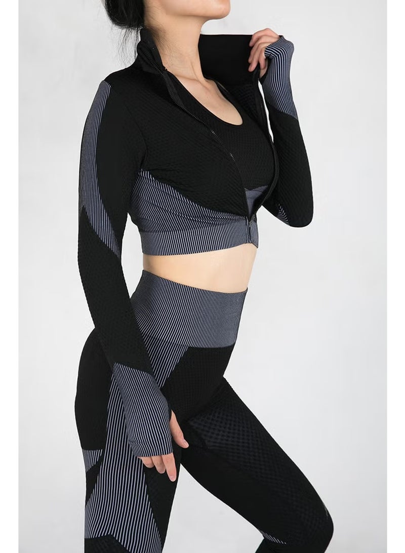 MHD Tight Fitting Stretch Soft Sportswear Tracksuit Set Black - Image 1