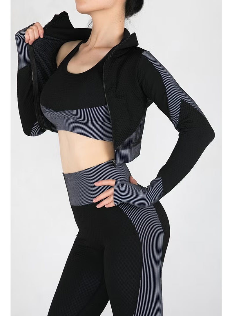MHD Tight Fitting Stretch Soft Sportswear Tracksuit Set Black - Image 2