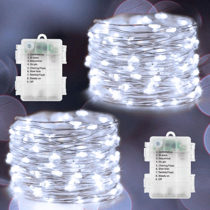 echosari 2 Pack Fairy Lights Battery Operated 100 LED 33Ft Silver Wire String Lights Auto Timer 8 Modes Waterproof Mini String Lights for Indoor Garden Yard Fence Wedding Decor Cool White