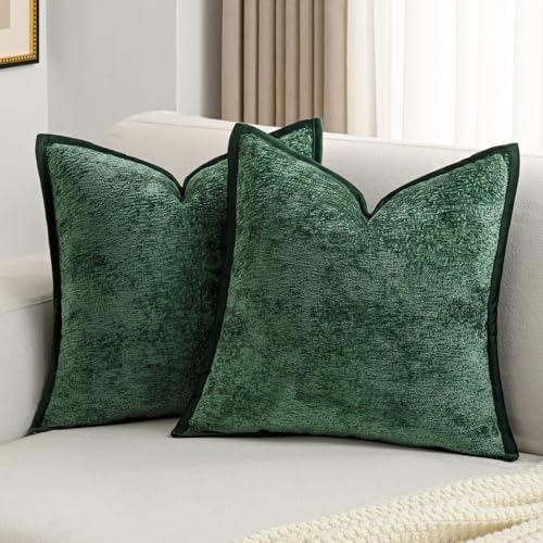 FUTEI Dark Green Chenille Throw Pillow Covers 18x18 Inch Set of 2Soft Cozy Bound Edge Design Cushion CaseHome Decor for Couch Bed Living Room - Image 1