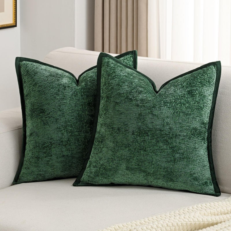 FUTEI Dark Green Chenille Throw Pillow Covers 18x18 Inch Set of 2Soft Cozy Bound Edge Design Cushion CaseHome Decor for Couch Bed Living Room - Image 2
