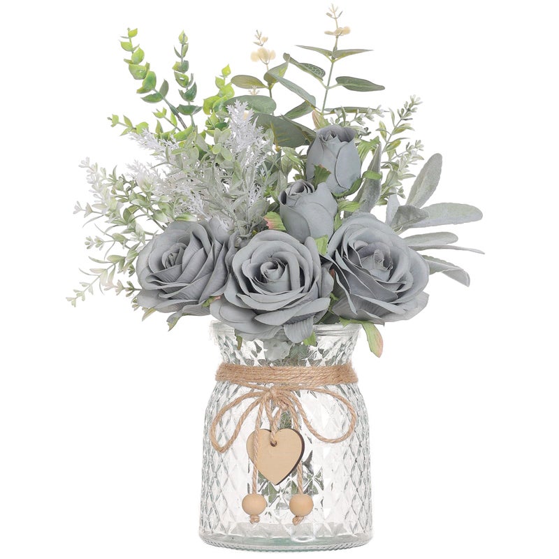 Faux Flowers with VaseArtificial Silk Roses in Vase Fake Plant Eucalyptus Flower Arrangement for Home Office Farmhouse Bathroom Dining Table Centerpiece Decorations Coffee Table Decor Grey Blue