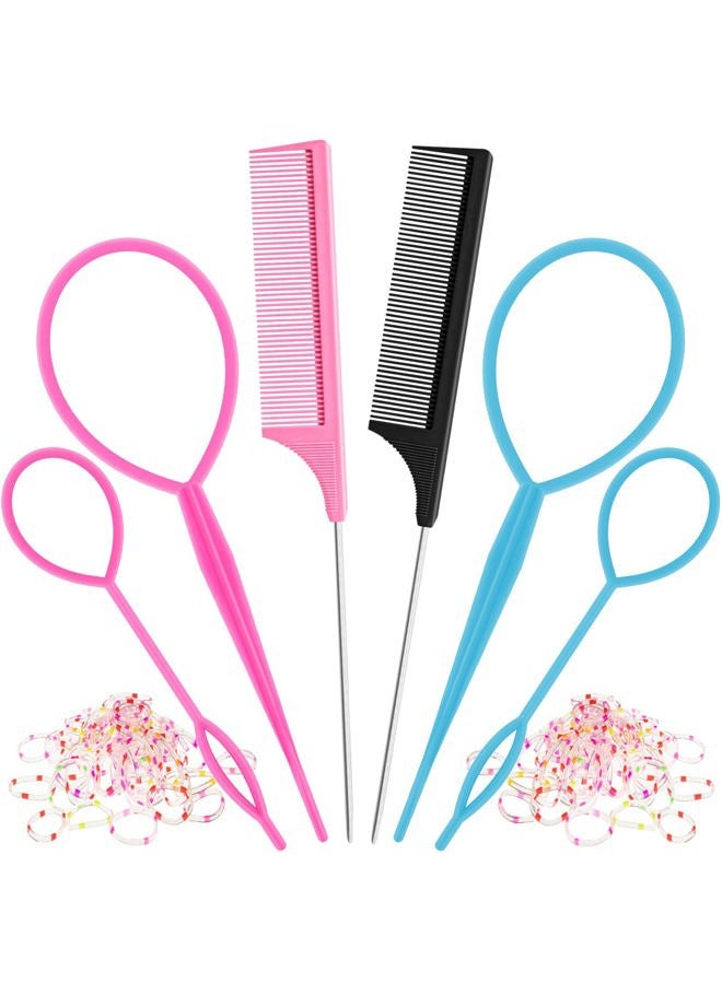 Schembo 6Pcs Hair Loop Tool Set with 4 Tail Tools French Braid 2 Metal Pin Rat Comb for Styling, 100 Colored Children Rubber Bands. Schembo - Image 1