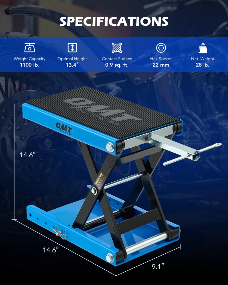 Orion Motor Tech Motorcycle Lift, 1100lb Motorcycle Scissor Lift Jack with Wide Deck T Handle 3/8" Socket, Motorcycle Center Stand with Chain Brush, Crank Hoist Stand for ATV Dirt Bike Cruiser, Blue - Image 2