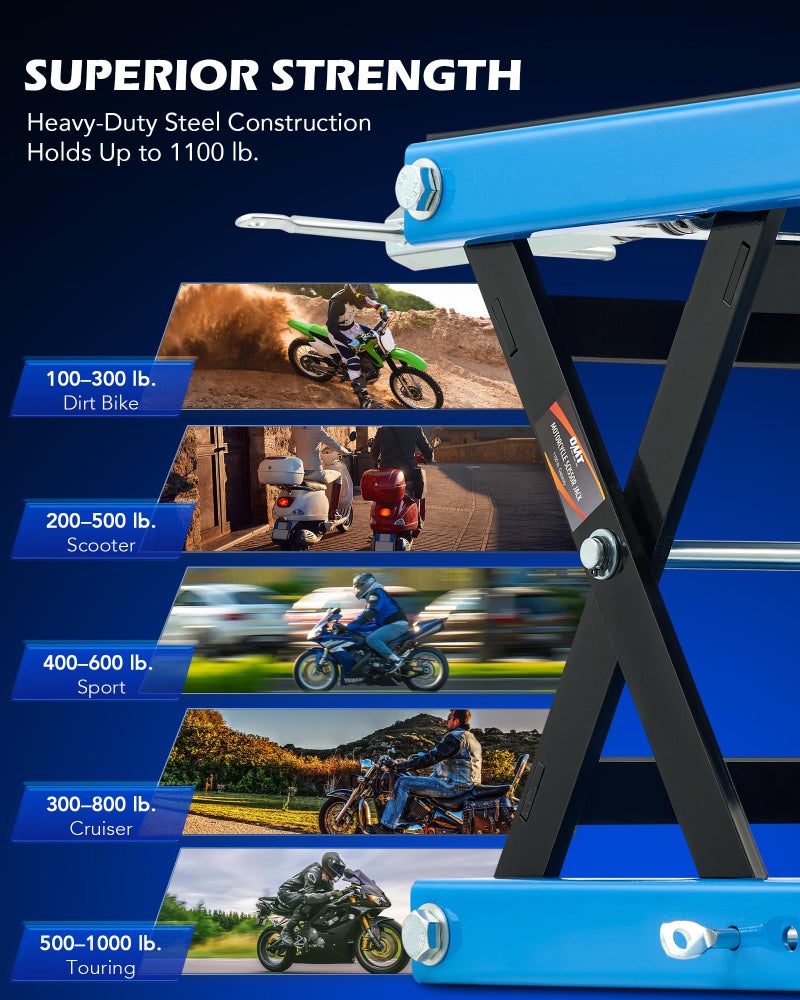 Orion Motor Tech Motorcycle Lift, 1100lb Motorcycle Scissor Lift Jack with Wide Deck T Handle 3/8" Socket, Motorcycle Center Stand with Chain Brush, Crank Hoist Stand for ATV Dirt Bike Cruiser, Blue - Image 4