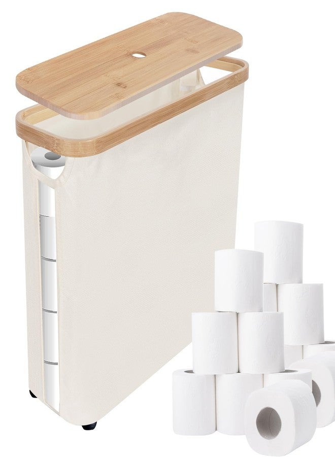 SOLY Slim Toilet Paper Storage Basket with Lid - Stackable & Foldable Organizer for 12 Mega Rolls, Waterproof Bathroom Storage, Beige - Image 1