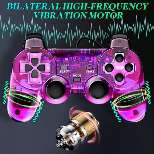 Degulan Wired Controller for PS-2 High Performance Double Shock Gamepad Joystick Remote Compatible with Play 2 (Clear Purple and Clear Grean) - Image 3