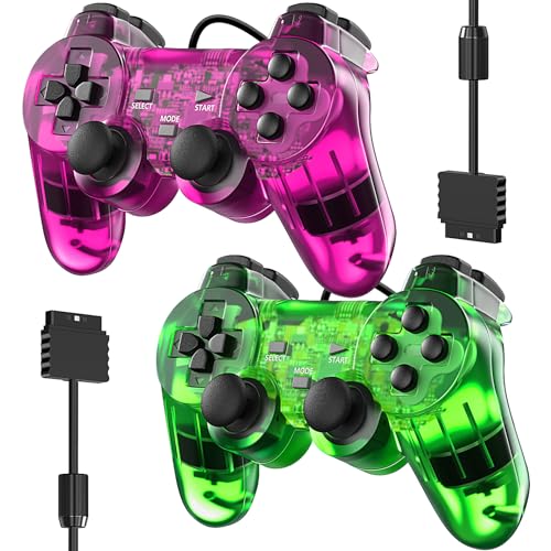 Degulan Wired Controller for PS-2 High Performance Double Shock Gamepad Joystick Remote Compatible with Play 2 (Clear Purple and Clear Grean) - Image 1