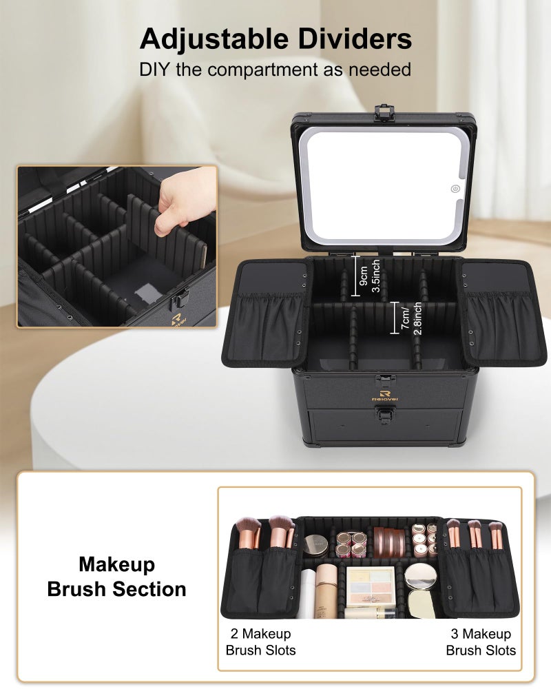 Relavel Makeup Bag with LED Mirror, Dual Layer Cosmetic Train Case with Light up Mirror Large Travel Makeup Artist Organizer Bag for Women with Adjustable Dividers & Nail Polish Organizer, Black - Image 3