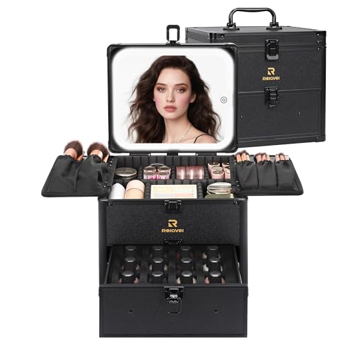 Relavel Makeup Bag with LED Mirror, Dual Layer Cosmetic Train Case with Light up Mirror Large Travel Makeup Artist Organizer Bag for Women with Adjustable Dividers & Nail Polish Organizer, Black - Image 1