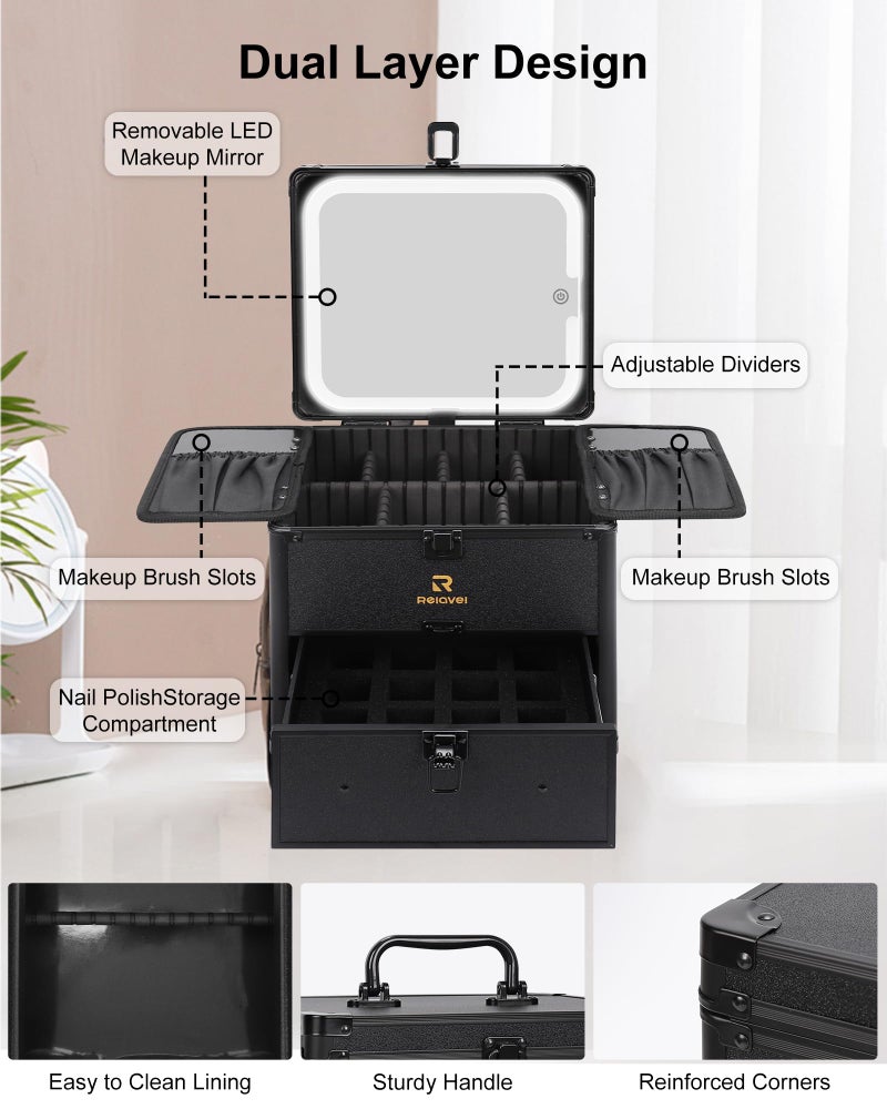 Relavel Makeup Bag with LED Mirror, Dual Layer Cosmetic Train Case with Light up Mirror Large Travel Makeup Artist Organizer Bag for Women with Adjustable Dividers & Nail Polish Organizer, Black - Image 2