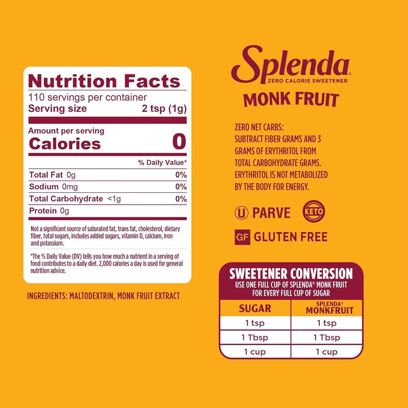 Splenda Monk Fruit Zero Calorie Granulated Sweetener - 3.8 Oz Sugar Substitute - Image 3