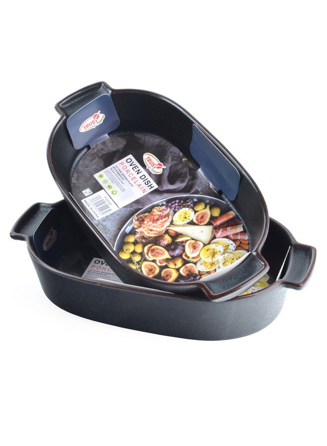 تراست طقم صواني للفرن مكون من قطعتين بمقابض بورسلين بيضاوي سعة 10 انش مقاس 25.5x13.7x5.2 سم أسود مطفي - Image 2