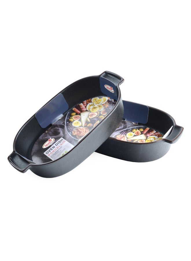 تراست طقم صواني للفرن مكون من قطعتين بمقابض بورسلين بيضاوي سعة 10 انش مقاس 25.5x13.7x5.2 سم أسود مطفي - Image 3