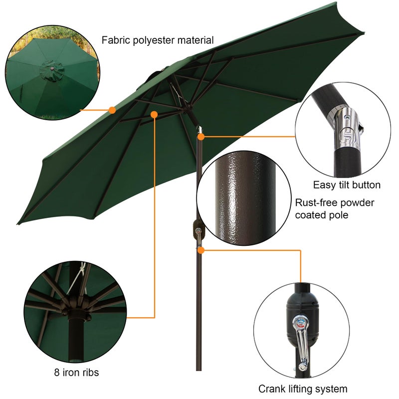 Blissun 9' Outdoor Patio Umbrella, Outdoor Table Umbrella, Yard Umbrella, Market Umbrella with 8 Sturdy Ribs, Push Button Tilt and Crank (Dark Green) - Image 2