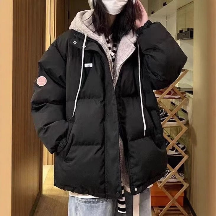 Fake Two-piece Cotton-padded Coat Womens Winter 2024 New Korean Style Hooded Loose Winter Coat Womens Thickened Trendy Coat Black