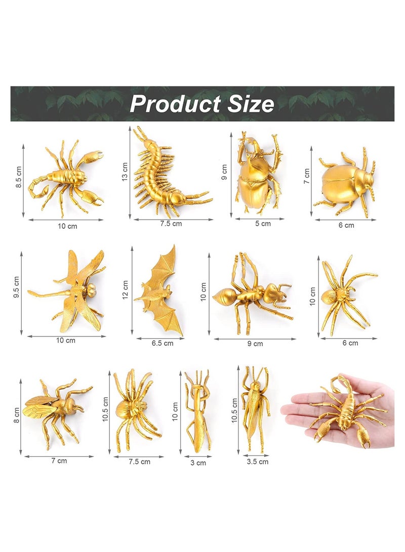 12 Pieces Metallic Gold Plastic Insects Figurines Toys Realistic Insects Bugs Toys Animal Figurines Decor for Farm Circus Jungle Safari Insects Themed Birthday Party