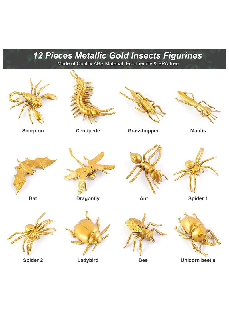 12 Pieces Metallic Gold Plastic Insects Figurines Toys Realistic Insects Bugs Toys Animal Figurines Decor for Farm Circus Jungle Safari Insects Themed Birthday Party