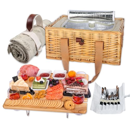Hap Tim Wicker Picnic Basket for 4 with Mini Folding Wine Picnic Table Large Insulated Cooler Bag Cutlery Service Kits for 4 Person Couples Gifts Wedding Gifts Y23074CM - Image 1
