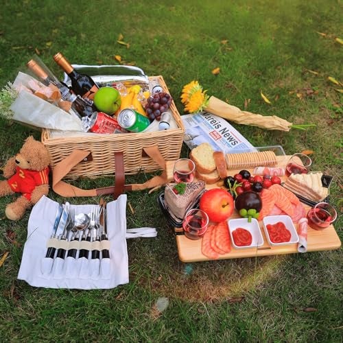 Hap Tim Wicker Picnic Basket for 4 with Mini Folding Wine Picnic Table Large Insulated Cooler Bag Cutlery Service Kits for 4 Person Couples Gifts Wedding Gifts Y23074CM - Image 3