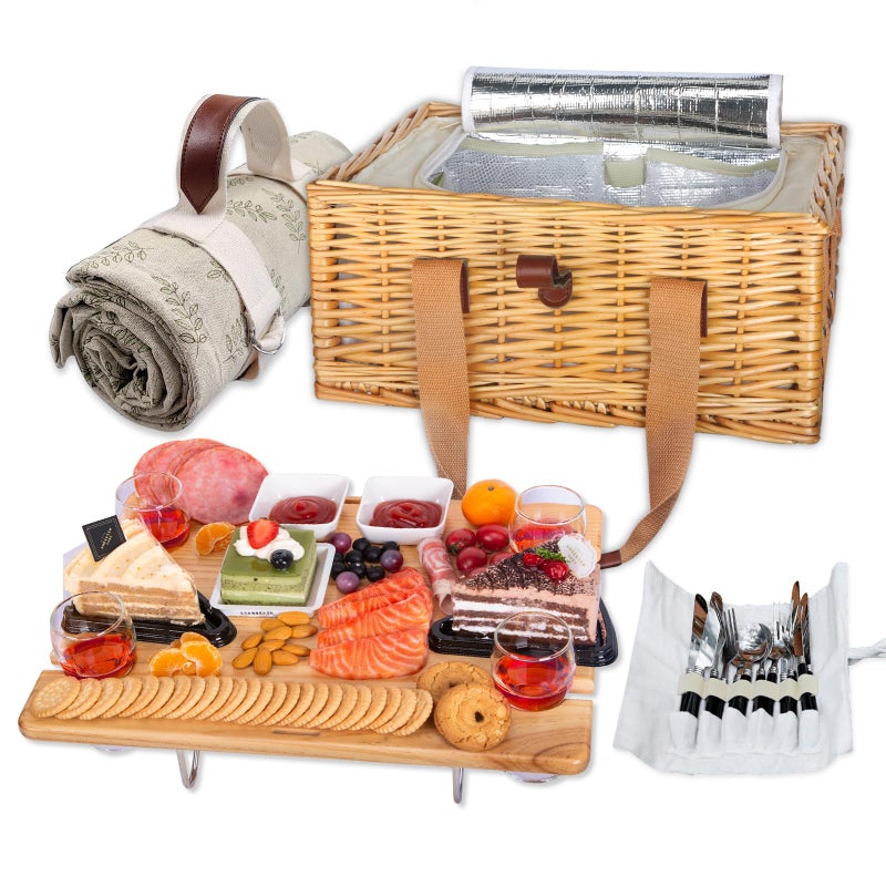 Hap Tim Wicker Picnic Basket for 4 with Mini Folding Wine Picnic Table Large Insulated Cooler Bag Cutlery Service Kits for 4 Person Couples Gifts Wedding Gifts Y23074CM - Image 2