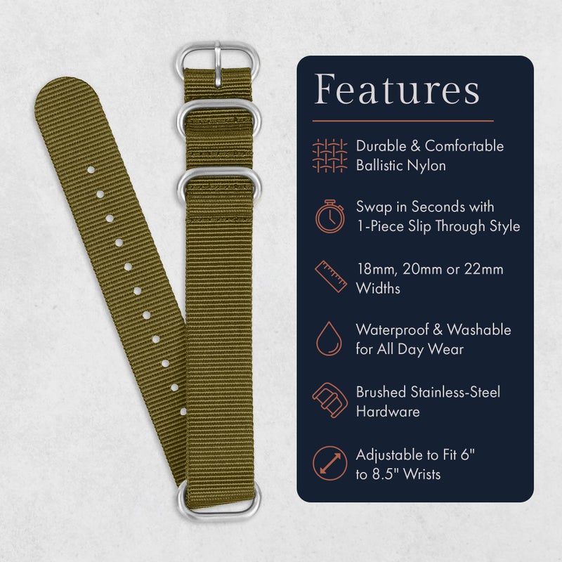 Benchmark Basics Benchmark 18mm Army Green Nylon Watch Band - One Piece Waterproof Ballistic Nylon - Slip Through Military Style Zulu Watch Strap for Men & Women - Image 2