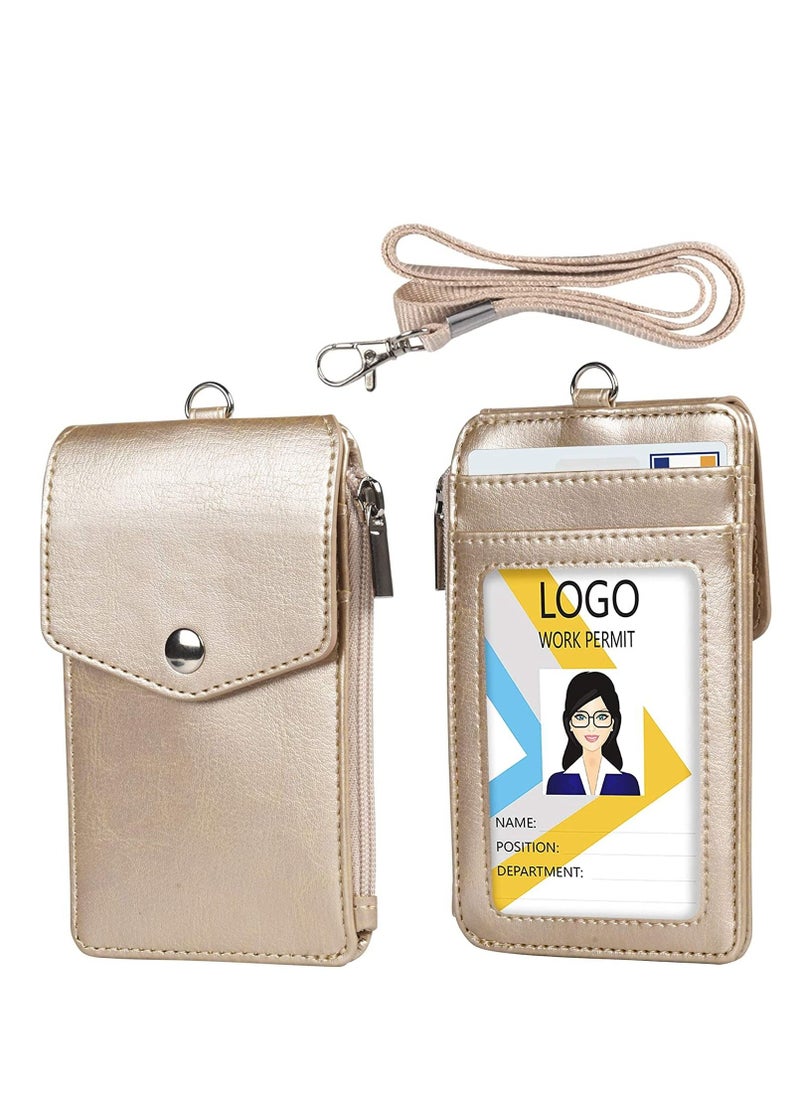 Excefore Badge Holder with Zipper PU Leather ID Card Wallet 1 Clear Window and 3 Slots Secure Cover Nylon Lanyard for Office School ID, Credit Cards, Driver Licence (Gold)  - Image 1