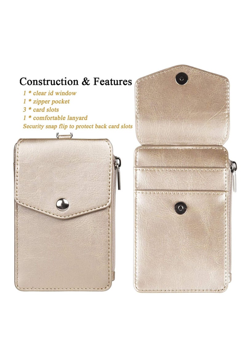 Excefore Badge Holder with Zipper PU Leather ID Card Wallet 1 Clear Window and 3 Slots Secure Cover Nylon Lanyard for Office School ID, Credit Cards, Driver Licence (Gold)  - Image 2