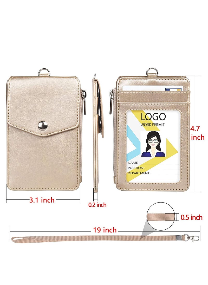 Excefore Badge Holder with Zipper PU Leather ID Card Wallet 1 Clear Window and 3 Slots Secure Cover Nylon Lanyard for Office School ID, Credit Cards, Driver Licence (Gold)  - Image 3