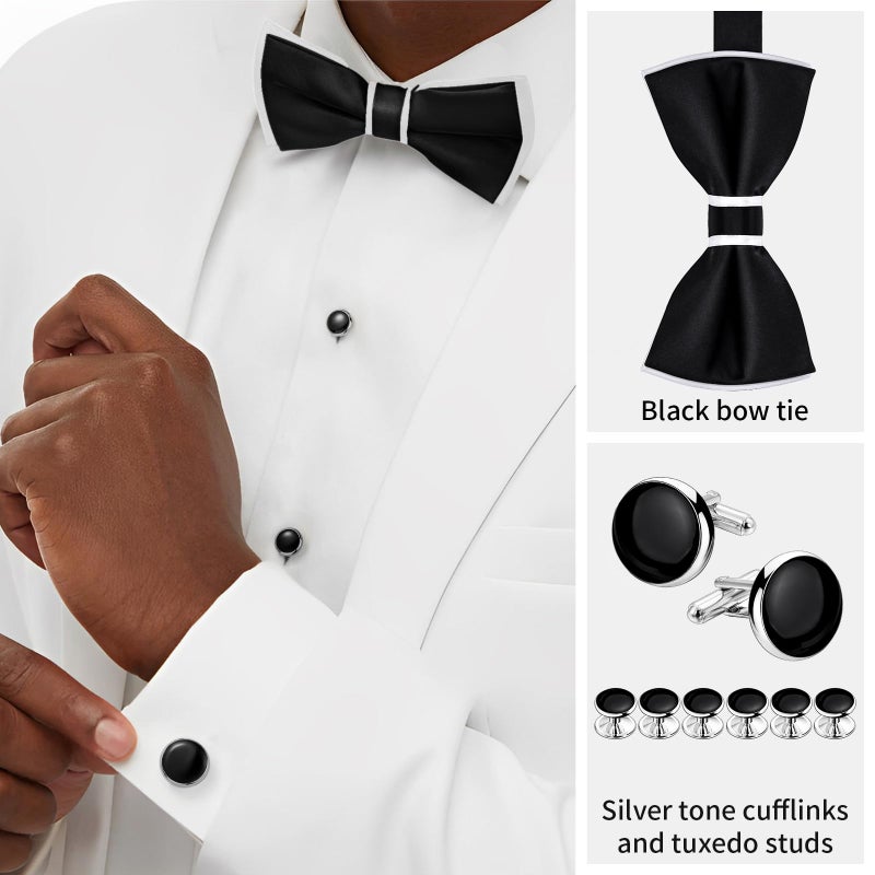 HAWSON Black Bow Ties and Cufflinks Set for Men Wedding Formal, Men's Pre-Tied Silk Tuxedo Bow tie, Adjustable Length Silk Bow Tie. - Image 2