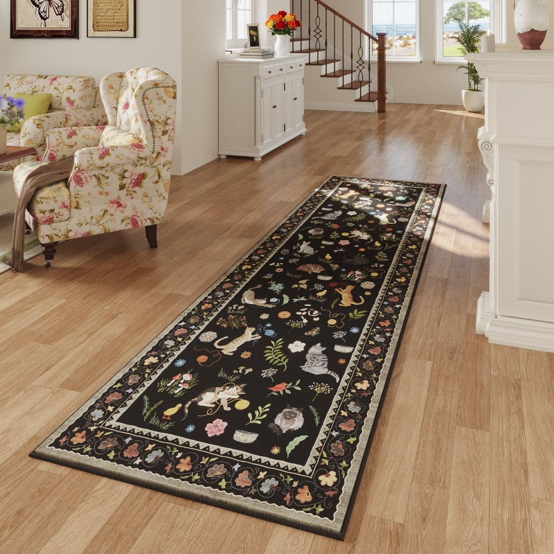 Rugcomf Runner Rug for Kitchen Non Slip 2'x6' Washable Rugs with Rubber Backing Soft Floral Animal Cat Carpet Runner for Kitchen Laundry Bedroom Bathroom, Black - Image 2