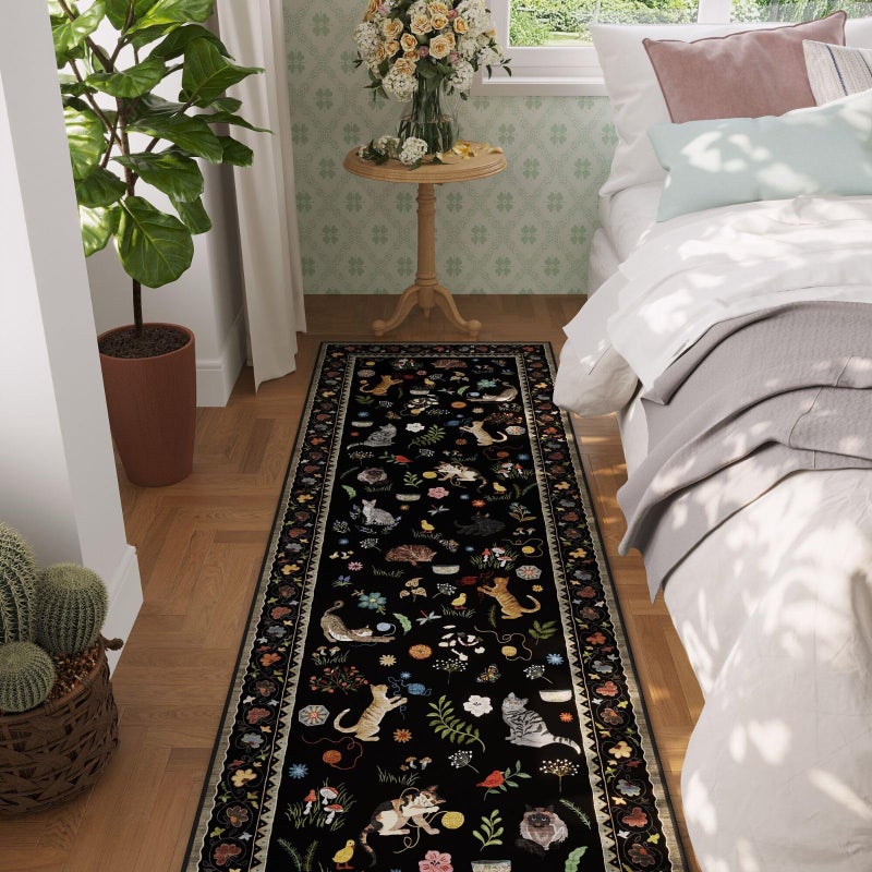 Rugcomf Runner Rug for Kitchen Non Slip 2'x6' Washable Rugs with Rubber Backing Soft Floral Animal Cat Carpet Runner for Kitchen Laundry Bedroom Bathroom, Black - Image 3