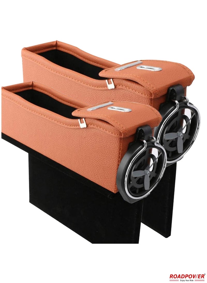 RoadPower Universal Car Seat Gap Filler  Side Pocket Organizer Seat Box with Cup Holder For Smartphone Coin Wallet Key Interior Accessories 2Pcs Brown - Image 1
