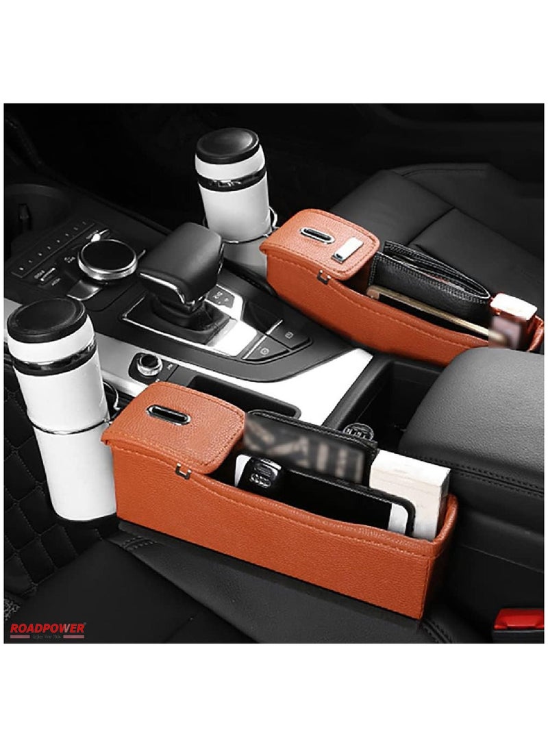 RoadPower Universal Car Seat Gap Filler  Side Pocket Organizer Seat Box with Cup Holder For Smartphone Coin Wallet Key Interior Accessories 2Pcs Brown - Image 4