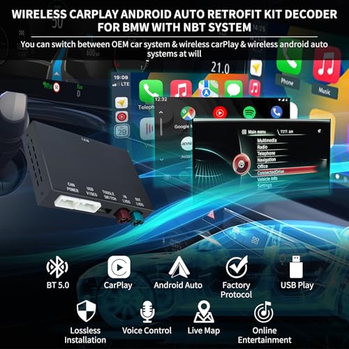 Geloo Wireless CarPlay Android Auto Retrofit Kit Decoder Box for BMW NBT System 1/2/ 3/4/ 5/6 7 Series X3/ X4 /X5/ X6 2012-2016, Support Android Auto, Mirror Link,Backup Camera, GPS, Siri, YouTube - Image 2