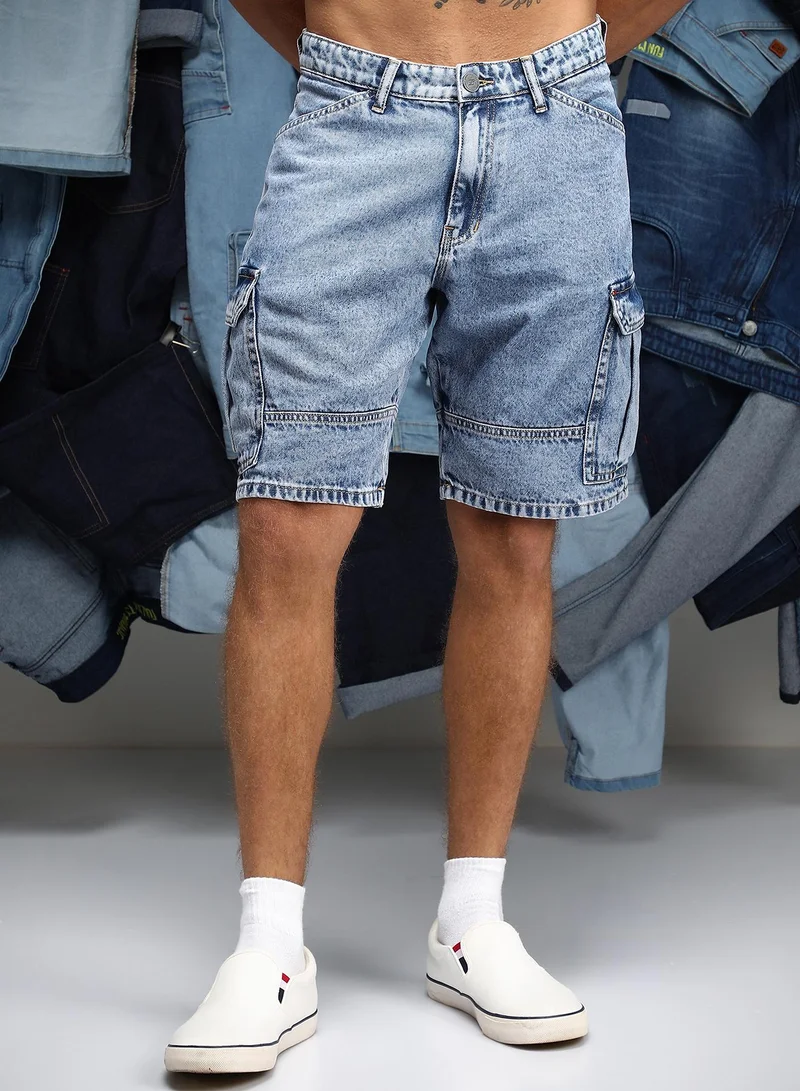 CAHOOT  Men Acid-Wash Utility Denim Shorts | Mid-Rise Relaxed-Fit | Button Closure Straight Hem | Acid-Tint Twill | Woven Fabric For Casual & Daily Wear | Indigo Blue for Men | Best Price UAE