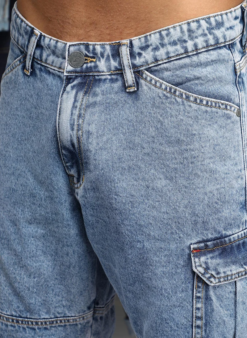 CAHOOT  Men Acid-Wash Utility Denim Shorts | Mid-Rise Relaxed-Fit | Button Closure Straight Hem | Acid-Tint Twill | Woven Fabric For Casual & Daily Wear | Indigo Blue for Men | Best Price UAE