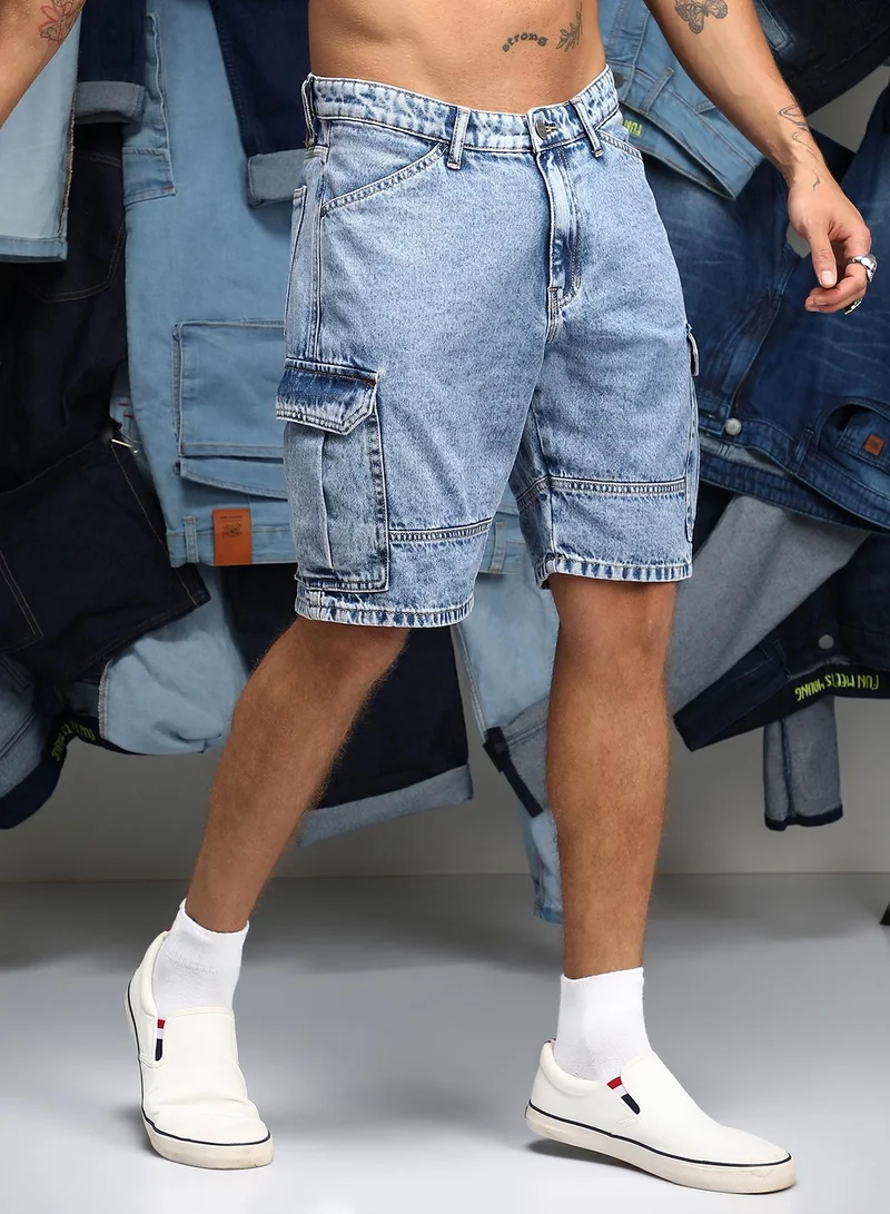 CAHOOT  Men Acid-Wash Utility Denim Shorts | Mid-Rise Relaxed-Fit | Button Closure Straight Hem | Acid-Tint Twill | Woven Fabric For Casual & Daily Wear | Indigo Blue for Men | Best Price UAE