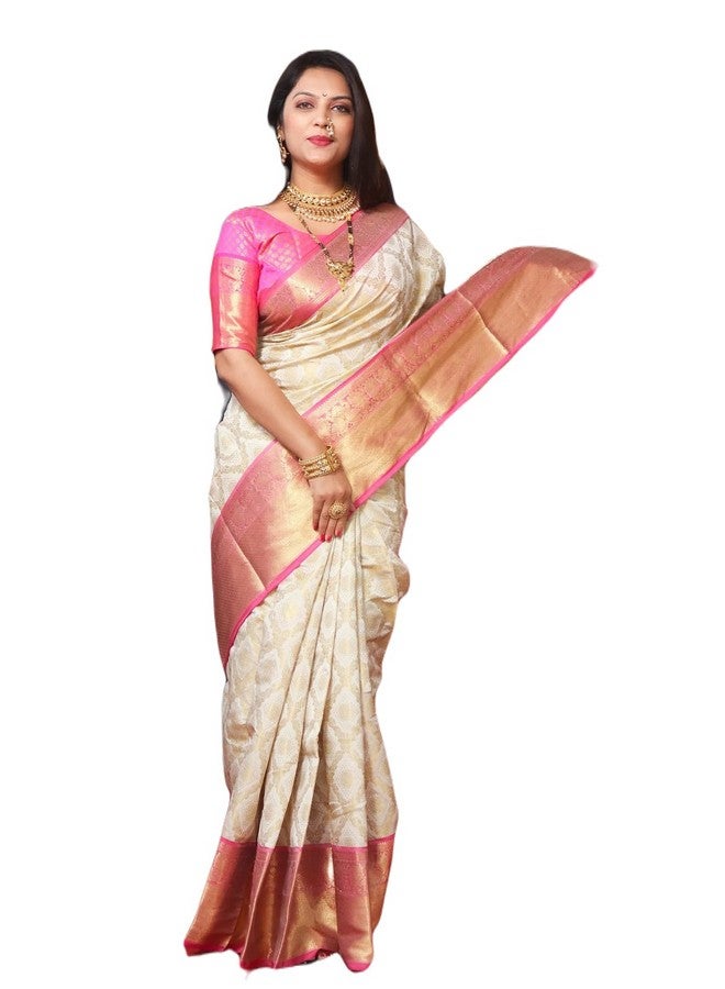 Awesome Women's Kanjivaram Art Silk Saree Perfect for Any Occasion with Matching Blouse (White) - Image 1