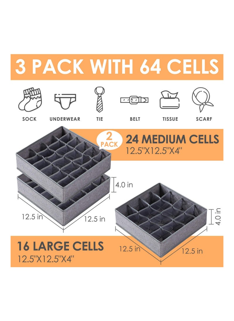 Cuken 3 Pack Sock Underwear Organizer Dividers, 64 Cell Drawer Organizers Fabric Foldable Cabinet Closet Organizers and Storage Boxes for Storing Socks, Underwear, Ties, Gray  - Image 2