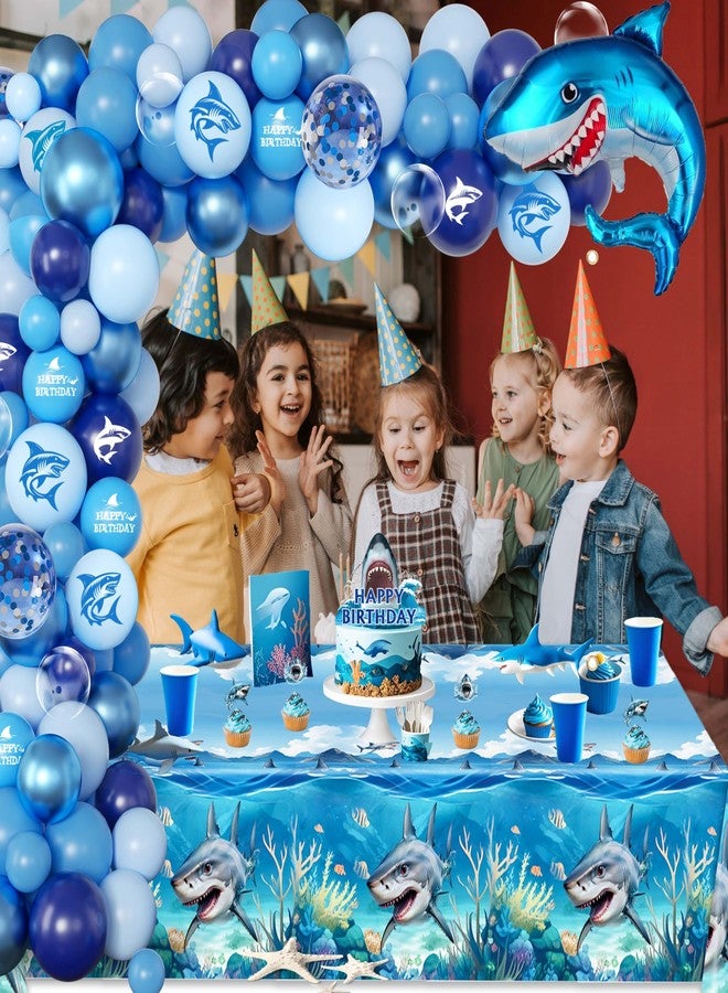 jenlion زينة حفلات عيد ميلاد بتصميم سمكة قرش للرجال والنساء، لافتة عيد ميلاد سعيد، طقم قوس بالونات أزرق، بالونات فويل على شكل سمكة قرش، زينة للكيك - Image 4