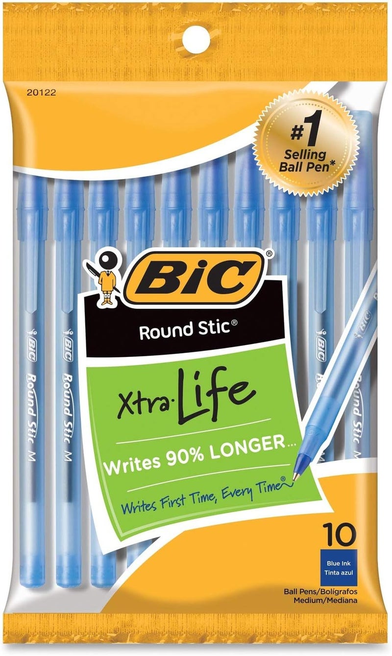 BIC Round Stic Xtra Life Ballpoint Pens, Blue Ink, 10 Count