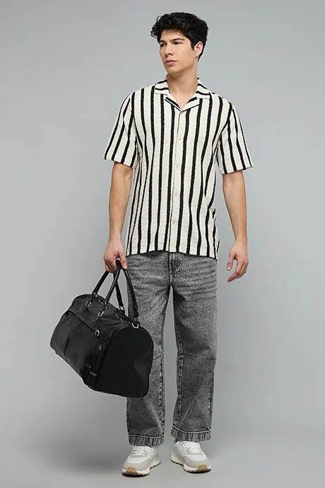 أر أند بي Striped Shirt with Revere Collar and Short Sleeves