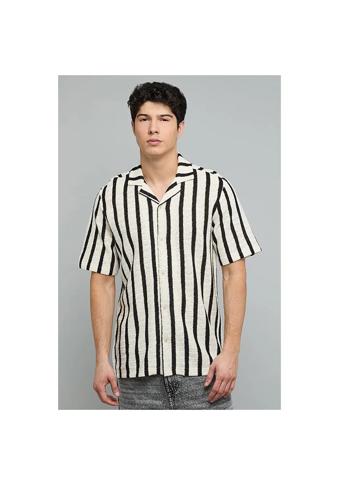 أر أند بي Striped Shirt with Revere Collar and Short Sleeves