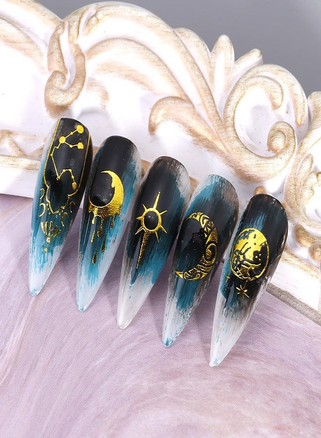 TBRZTR 8 Sheets Gold Nail Sticker 3D Self-Adhesive Nail Decals Art Unique Moon Sun Stars White Cloud Snake Design Nail Art Sticker Decoration for Women Manicure Tips Acrylic Nails DIY Nails Art Supplies - Image 4