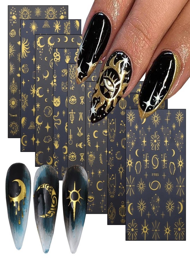 TBRZTR 8 Sheets Gold Nail Sticker 3D Self-Adhesive Nail Decals Art Unique Moon Sun Stars White Cloud Snake Design Nail Art Sticker Decoration for Women Manicure Tips Acrylic Nails DIY Nails Art Supplies - Image 1