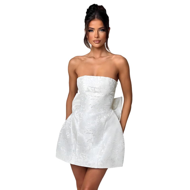 JUMISEE Embroidery Satin Homecoming Dress with Bow Modest Strapless Mini Dresses A Line Short Prom Dress Party Gown White - Image 1