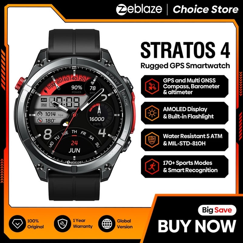 زيبليز ساعة ذكية Zeblaze Stratos 4 GPS Smartwatch 1.43" Amoled Screen Compass Barometric Altimeter Flashlight Voice Calling Smart Watch, Electric Orange - Image 2